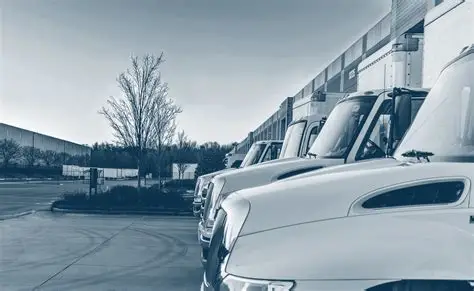 A fleet of white box trucks all lined up in a line