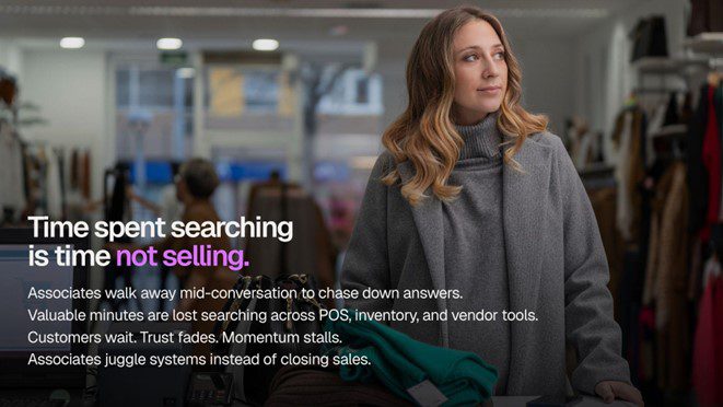 Graphic -Time spent searching is time not selling. Customer in clothing store