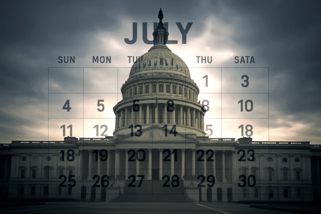 The image captures the Capitol building with a semi-transparent July calendar watermark overlaid, effectively conveying the sense of looming regulatory deadlines. Created by Freepik.com
