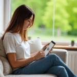 Female on sofa looking at furniture on ipad. Image created by Freepik.com.