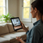 Female in home taking picture of her sofa. Created by Freepik.com