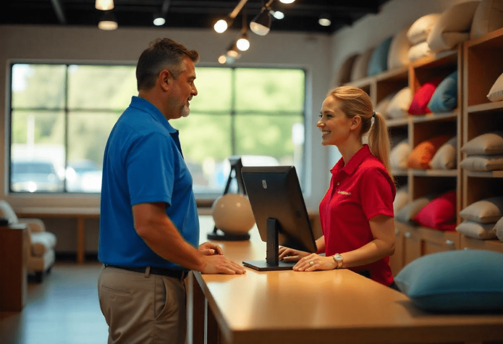 A brightly lit furniture store on a sunny afternoon, featuring a Hispanic male customer in his late 30s wearing a blue polo shirt and khaki pants, standing at the sales counter. A Caucasian female sales associate with blonde hair, in her mid-20s, wearing a company-branded red polo shirt, assists him from behind a modern Point of Sales System. Shelves of colorful pillows and throws are visible in the background. created by Freepik.com