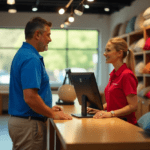 A brightly lit furniture store on a sunny afternoon, featuring a Hispanic male customer in his late 30s wearing a blue polo shirt and khaki pants, standing at the sales counter. A Caucasian female sales associate with blonde hair, in her mid-20s, wearing a company-branded red polo shirt, assists him from behind a modern Point of Sales System. Shelves of colorful pillows and throws are visible in the background. created by Freepik.com