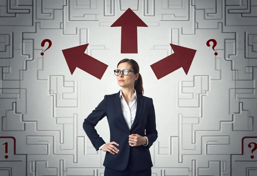 A young business woman making decisions with question marks. makde with Freepik.com