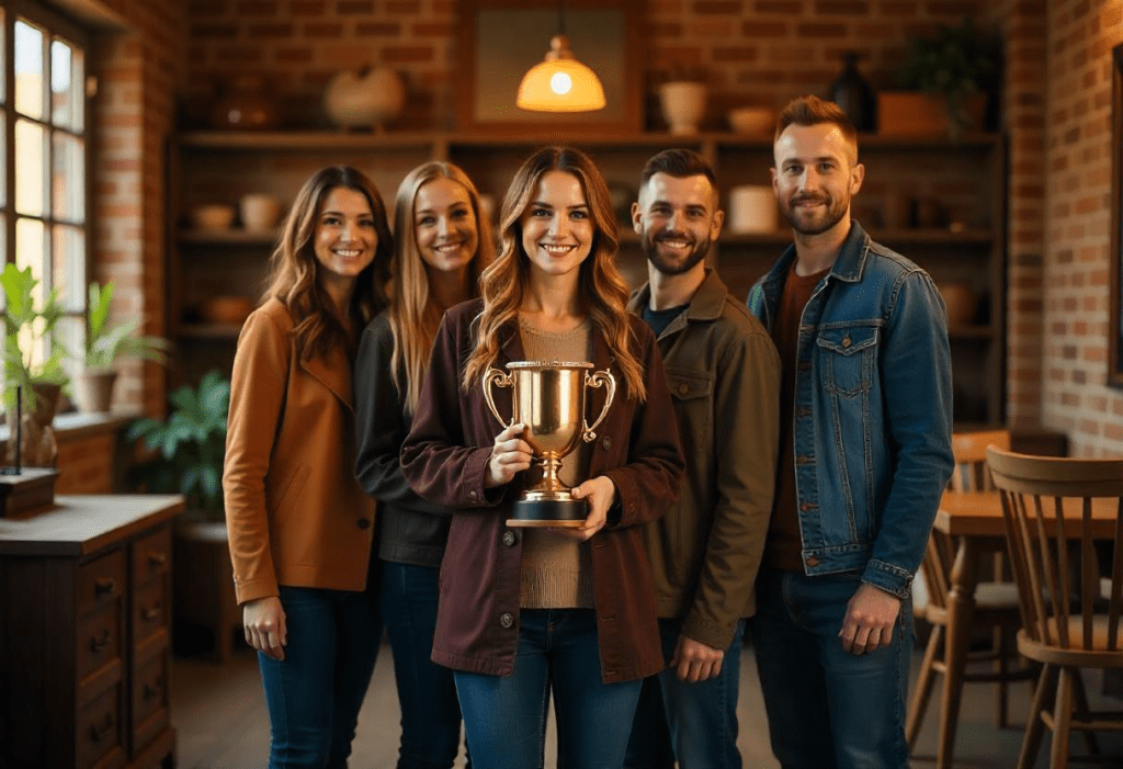 Five people, average age 35, average race caucasian, holding a golden trophy in a furniture store.