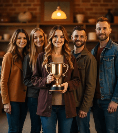 Five people, average age 35, average race caucasian, holding a golden trophy in a furniture store.