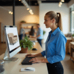 A computer point of sales system inside a bustling furniture store on a sunny afternoon. The sales person is a Caucasian female, 35 years old, with blonde hair in a ponytail, wearing a blue blouse and black slacks, assisting a customer. Created by Freepik.com