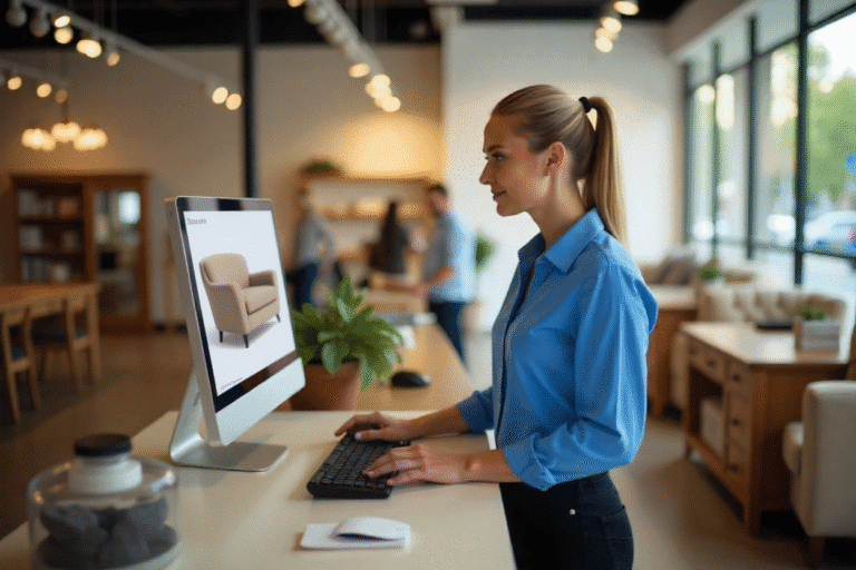 A computer point of sales system inside a bustling furniture store on a sunny afternoon. The sales person is a Caucasian female, 35 years old, with blonde hair in a ponytail, wearing a blue blouse and black slacks, assisting a customer. Created by Freepik.com