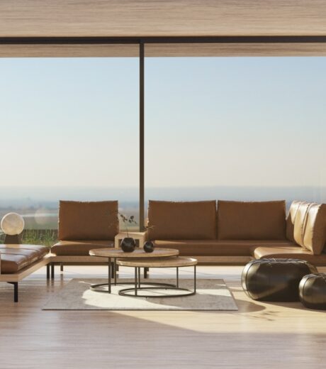 Living room in modern house overlooking the view