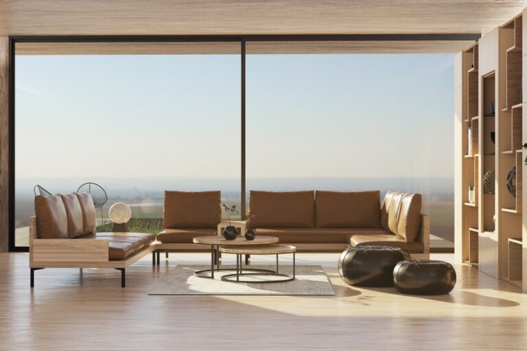 Living room in modern house overlooking the view