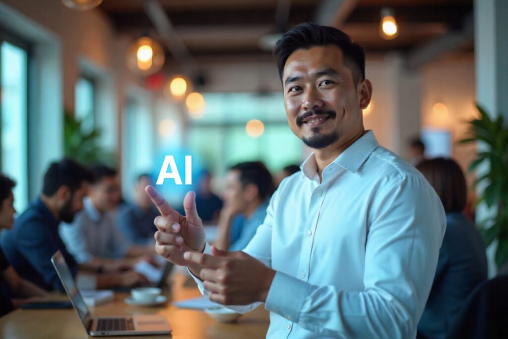 Man hold icon ai, Marketers education, research, analyze media video streaming content creation and online marketing strategies to grow their digital business. Ai generates concept