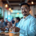 Man hold icon ai, Marketers education, research, analyze media video streaming content creation and online marketing strategies to grow their digital business. Ai generates concept