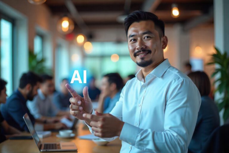 Man hold icon ai, Marketers education, research, analyze media video streaming content creation and online marketing strategies to grow their digital business. Ai generates concept
