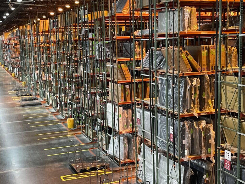 Warehouse racking in a home furnishings distribution center.