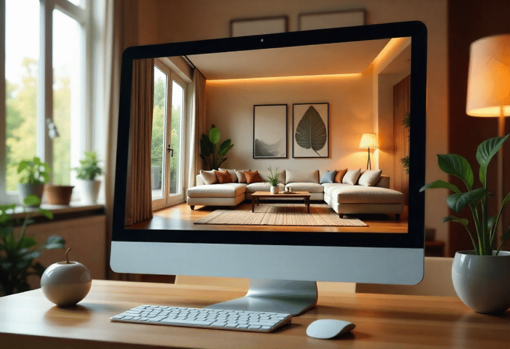 A digital render on a computer screen of a 3D living room planner, detailing the arrangement of sofas, chairs, and tables. The living room is designed with a modern aesthetic, viewed from inside of a home's living room. Created by Freepik.com