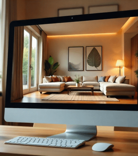 A digital render on a computer screen of a 3D living room planner, detailing the arrangement of sofas, chairs, and tables. The living room is designed with a modern aesthetic, viewed from inside of a home's living room. Created by Freepik.com