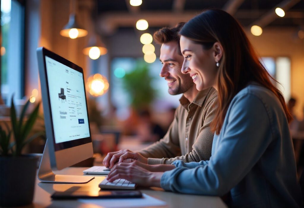 Couple in their 30's sitting behind a computer looking to purchase furniture. By Freepik.com.