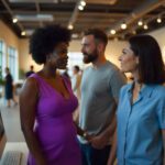 People stepping out of a computer screen in a furniture store; a stylish African woman in a purple dress, a bearded Caucasian man in a grey t-shirt, and a petite Asian woman in a blue blouse. created by Freepik.com