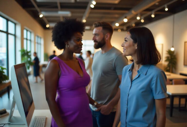 People stepping out of a computer screen in a furniture store; a stylish African woman in a purple dress, a bearded Caucasian man in a grey t-shirt, and a petite Asian woman in a blue blouse. created by Freepik.com