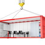 Red Cargo Shipping Container with Removed Side Wall Converted into an Office During Transportation with Crane Hook on a white background. 3d Rendering.