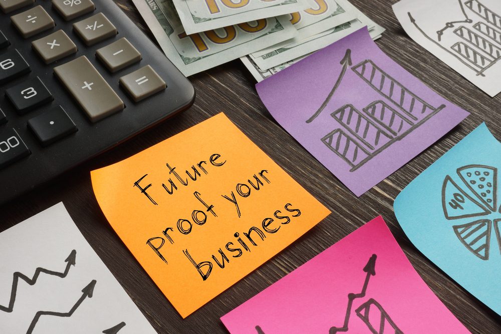 Future proof your business is shown on a business photo using the text