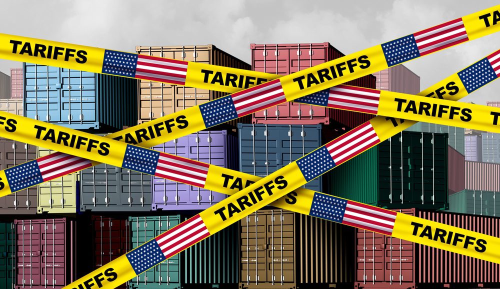 American tariffs and US government taxation or punative tariff trade war policy or duties imposed on imports and exports on imported or exported goods as Protectionism as a 3D illustration.