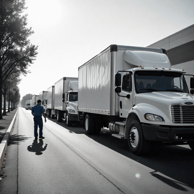 White delivery trucks lined up on an urban street. Created by Freepik.com