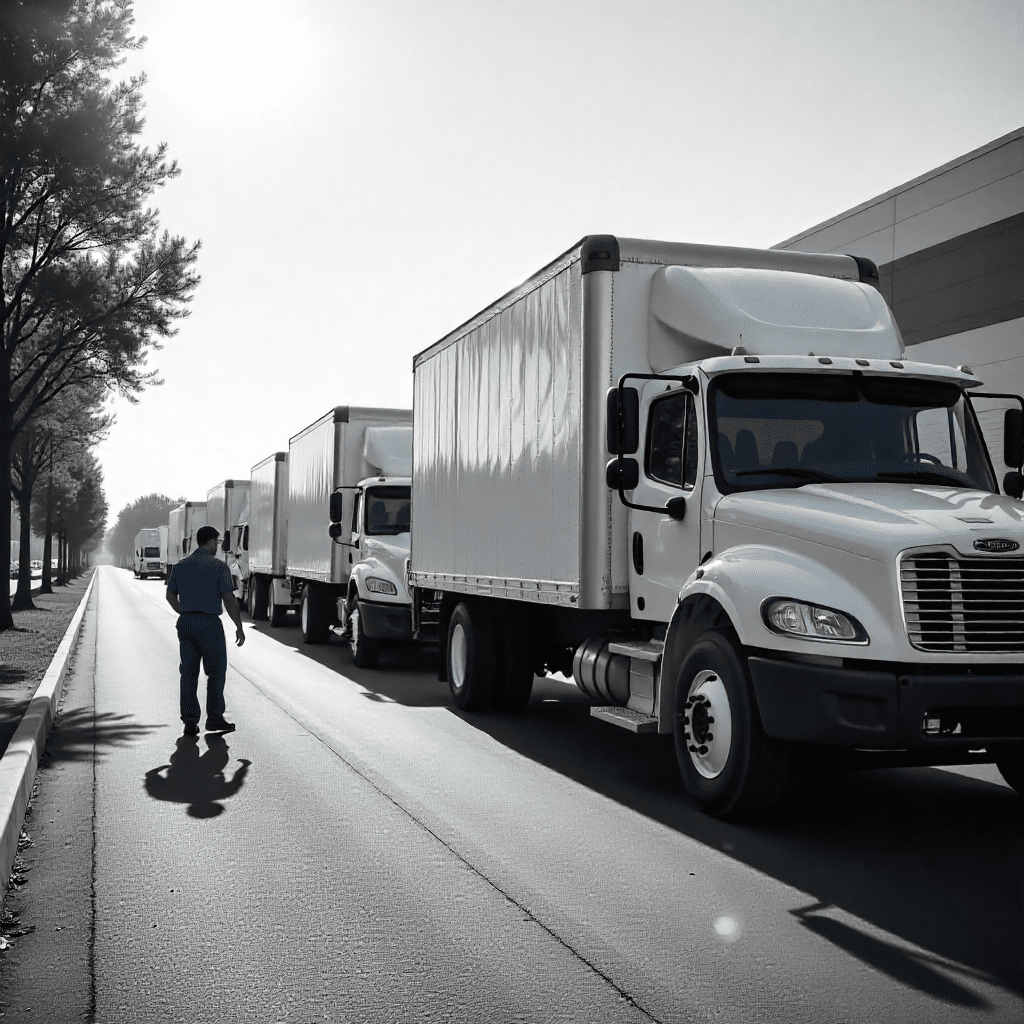 White delivery trucks lined up on an urban street. Created by Freepik.com
