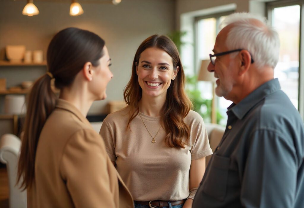 30 year old daughter talking to her parents inside a furniture store