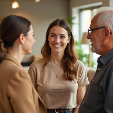 30 year old daughter talking to her parents inside a furniture store