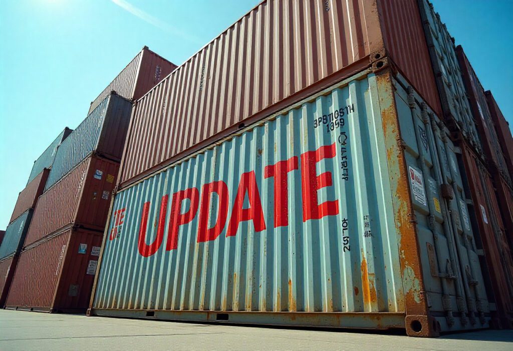 a group of import shipping containers with the word UPDATE stamped over the top.