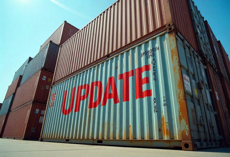 a group of import shipping containers with the word UPDATE stamped over the top.