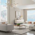 3D Created room. White sofas and outside views.