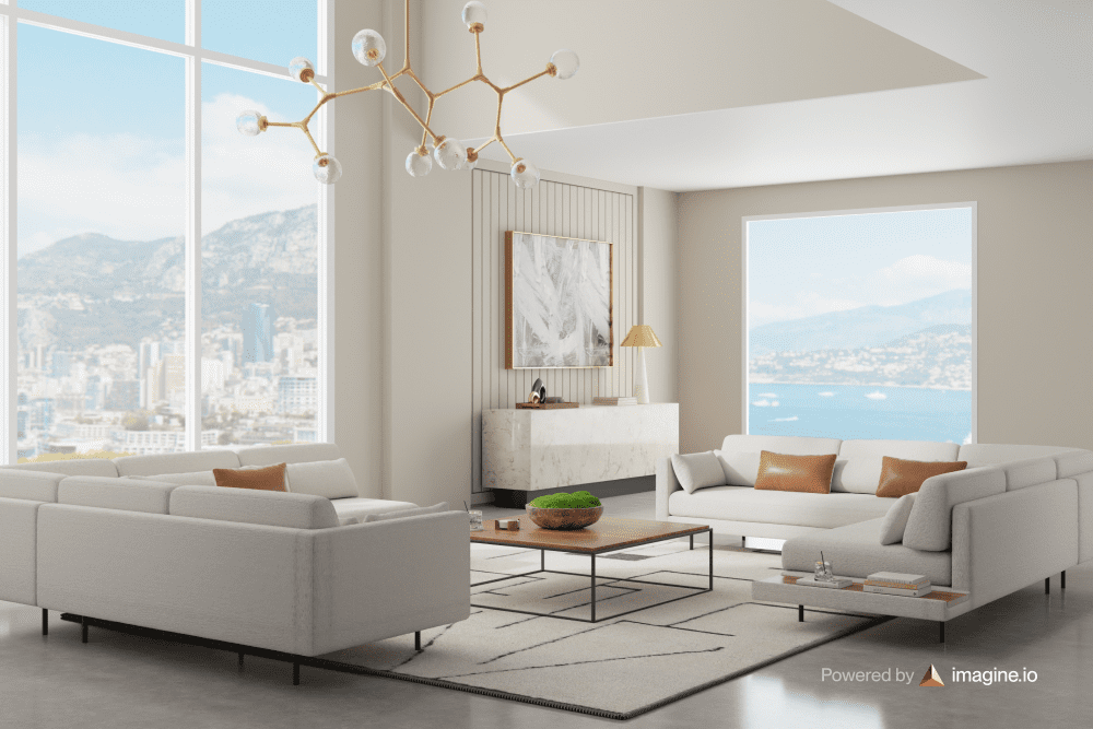 3D Created room. White sofas and outside views.