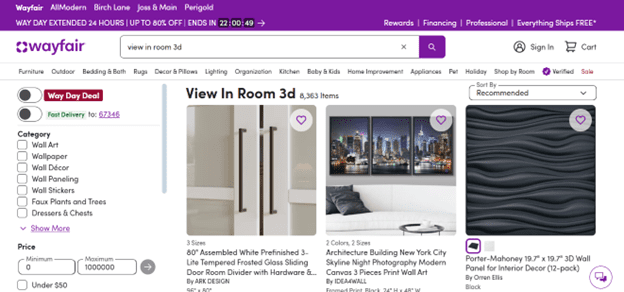 Wayfair View In Room 3D model on website