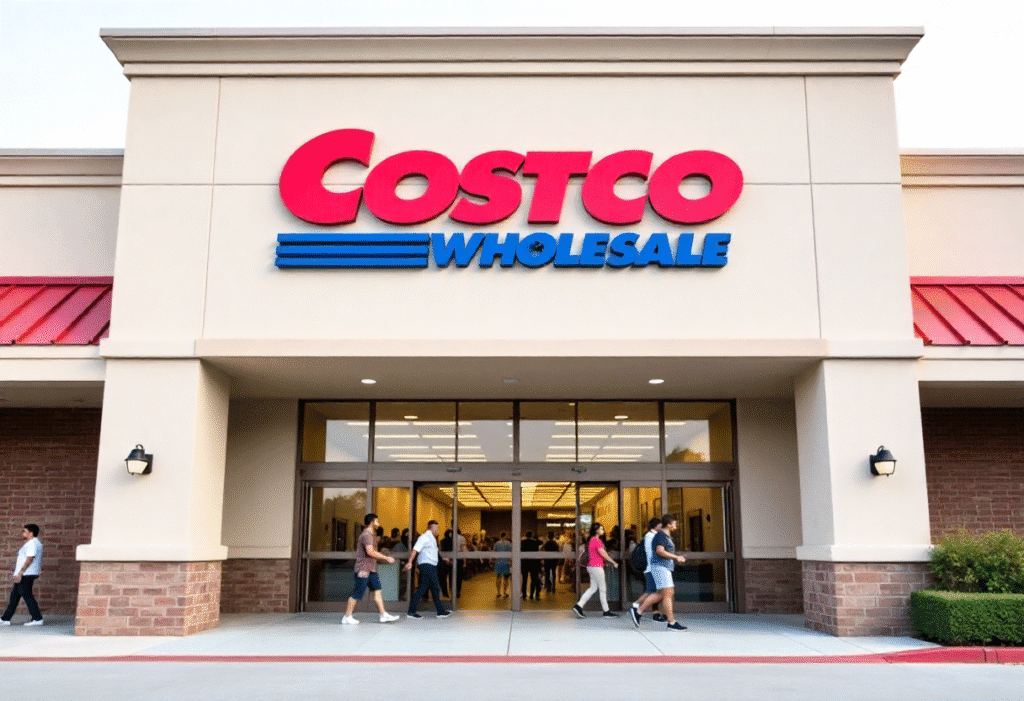 The front entrance of a Costco Wholesale store with customers walking.
