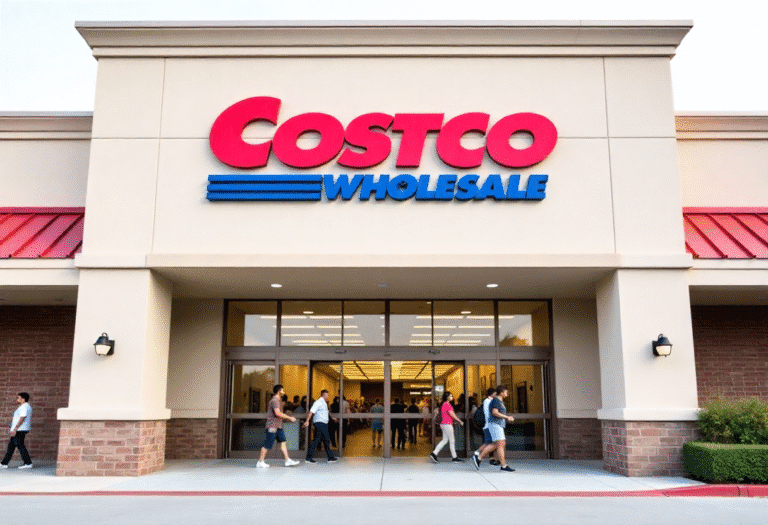 The front entrance of a Costco Wholesale store with customers walking.