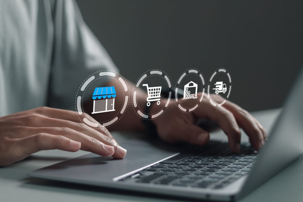 Omni channel technology of online retail business concept. Person use laptop with retail marketing icon for channel E-commerce shopping. online retail shopping and omni digital app.