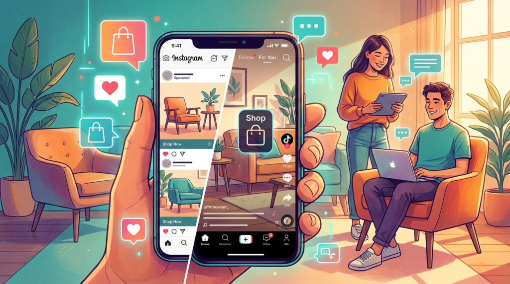 artists drawing showing Millennial and Gen Z consumers shopping with social commerce on a phone.