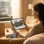 A brown haired 30 something female shopping on an iPad for furniture.