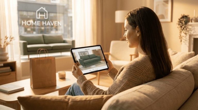 A brown haired 30 something female shopping on an iPad for furniture.