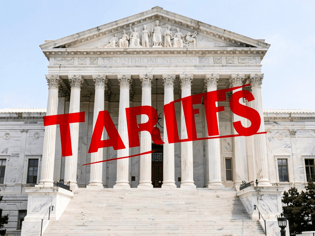 The outside of the US Supreme Court with the word Tariffs stamped in red.