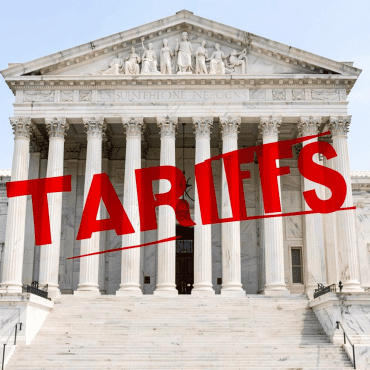 The outside of the US Supreme Court with the word Tariffs stamped in red.