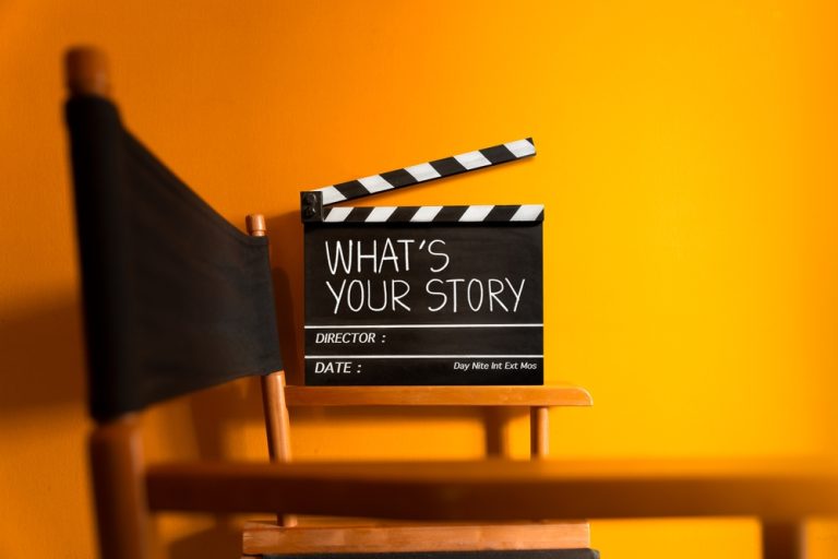 What's your story.text title on movie clapper board and director chair.