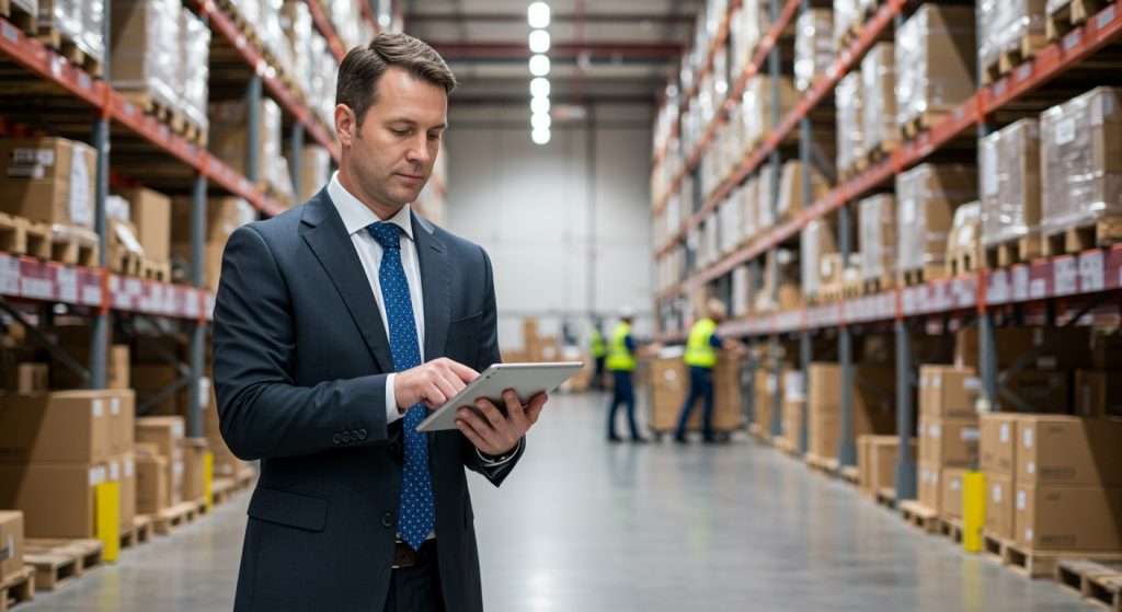 Business man in warehouse with iPad