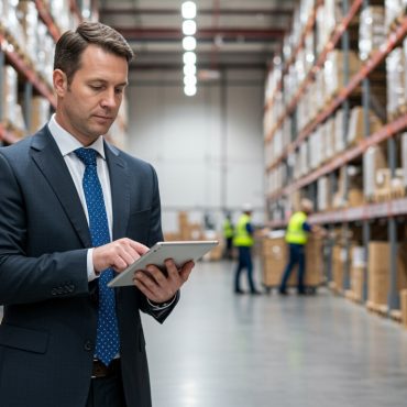 Business man in warehouse with iPad