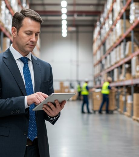 Business man in warehouse with iPad