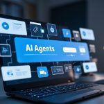 Laptop screen displays AI agents concept with interconnected digital icons, showcasing modern technology and artificial intelligence.