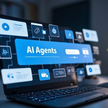Laptop screen displays AI agents concept with interconnected digital icons, showcasing modern technology and artificial intelligence.