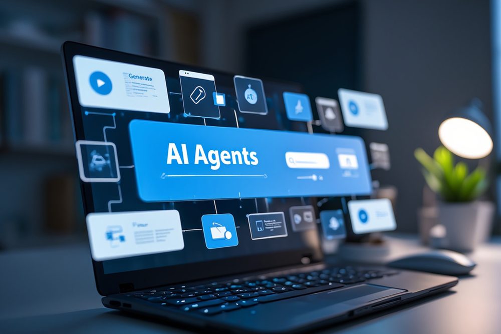 Laptop screen displays AI agents concept with interconnected digital icons, showcasing modern technology and artificial intelligence.